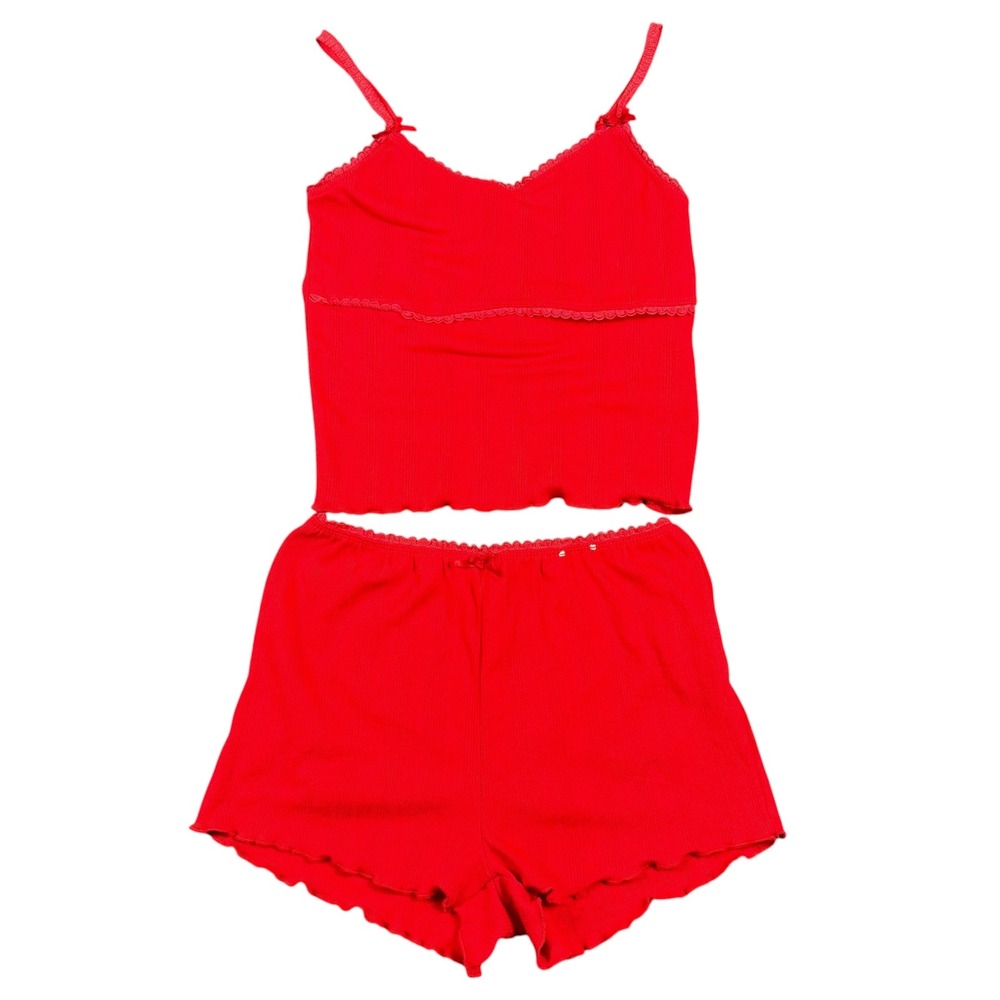 Red Ribbed Pointelle Pajama Set Lace Trim Camisole and Shorts Loungewear Women